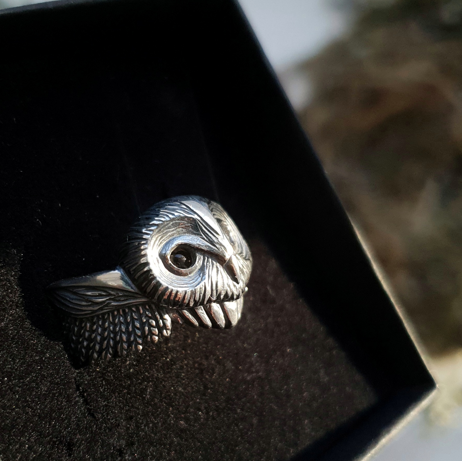 Oxidised Silver Owl Ring with Orange Eyes Finger Ring - University Trendz