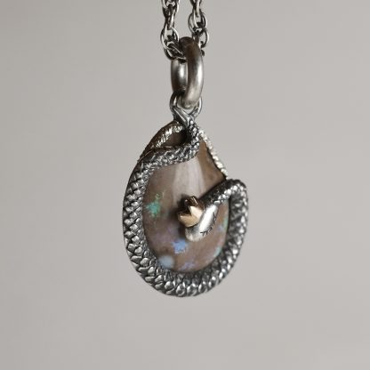 Mother snake - silver snake pendant with a 14k gold crown and Andamooka opal - Image 2