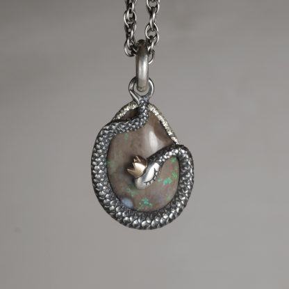 Mother snake - silver snake pendant with a 14k gold crown and Andamooka opal